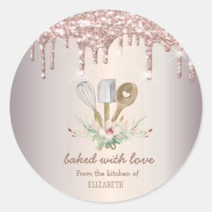 Adesivo Redondo Ferramentas de pastelaria Rosa de folheto Douradas
