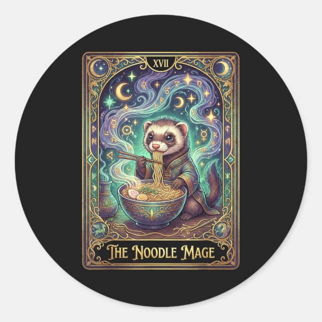 Adesivo Redondo Ferret Eating Ramen Tarot Card Japanese Kawaii Pet (Frente)