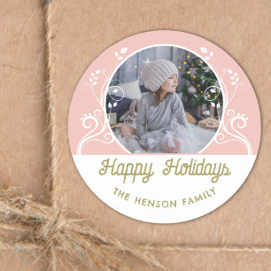 Adesivo Redondo FesHappy Holidays Foliage Foto da Família Rosa