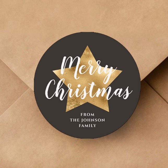 Adesivo Redondo FesStar Feliz Natal (Merry Christmas Gold Star Brown Classic Round Sticke)