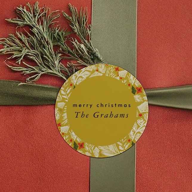 Adesivo Redondo Festa Botânica Amarela Festiva (Yellow Festive Botanical Holiday Classic Round Sticker)