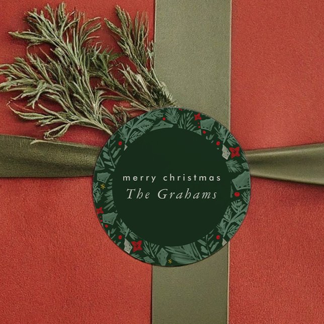 Adesivo Redondo Festa Botânica Festiva Verde (Green Festive Botanical Holiday Classic Round Sticker)