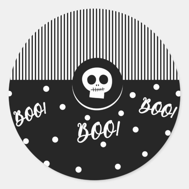 Adesivo Redondo Festa Branca do Halloween Boo Skull Black & White (Frente)