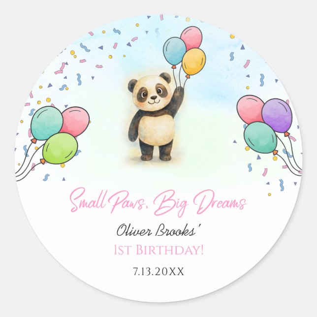 Adesivo Redondo Festa de 1º Aniversário do Adorável Bebê Panda (Frente)