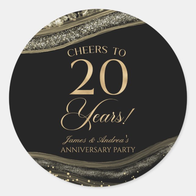Adesivo Redondo Festa de 20º Aniversário de Casamento em Preto e Á (Frente)
