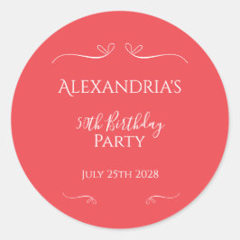 Adesivo Redondo Festa de 50 Anos Modernos Rosa Vermelho