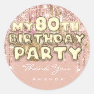 Adesivo Redondo Festa de 80 anos de Nome Glitter Baloão Dourado
