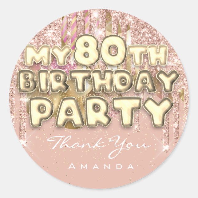 Adesivo Redondo Festa de 80 Anos Nome Brilhante Balão Dourado (Frente)