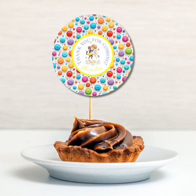 Adesivo Redondo Festa de Animais da Floresta Cura Leões Dançando S (Criador carregado)