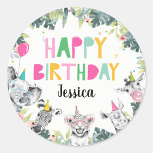 Adesivo Redondo Festa de animais Menina Safari Festa de aniversár