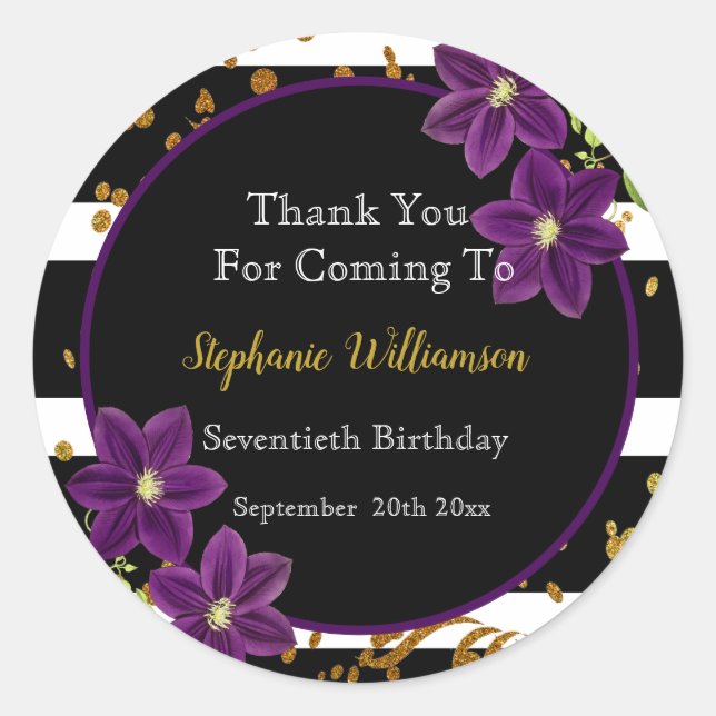 Adesivo Redondo Festa de aniversário 70| Obrigados brilhantes Dour (Frente)