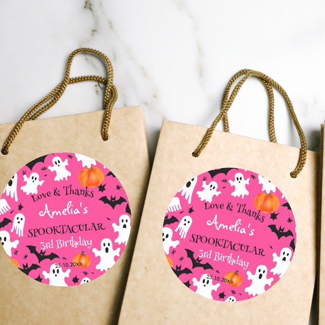 Adesivo Redondo Festa de aniversário assustadora e assustadora do  (Halloween pink favor gift thank you stickers cute ghosts bats pumpkins girls Halloween birthday pink)