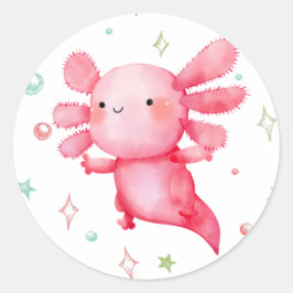 Adesivo Redondo Festa de aniversário Axolotl rosa com aquarela