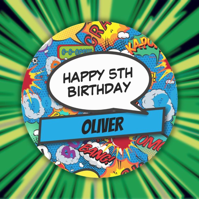 Adesivo Redondo Festa de aniversário Azul de Super Herói do Livro  (Custom Comic Book Superhero Birthday Party Blue Classic Round Sticker)