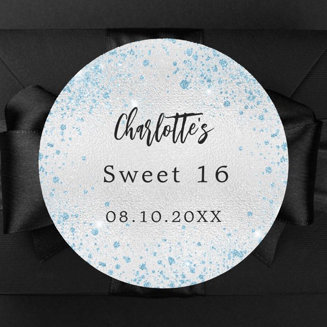 Adesivo Redondo Festa de aniversário azul-prata nome da brilho (Criador carregado)