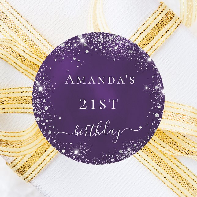 Adesivo Redondo Festa de aniversário com brilho prateado roxo (Criador carregado)