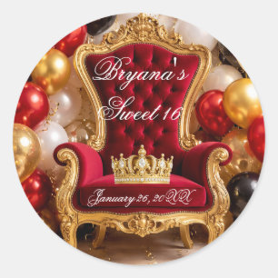 Adesivo Redondo Festa de Aniversário Coroada em Cadeira Real Doura
