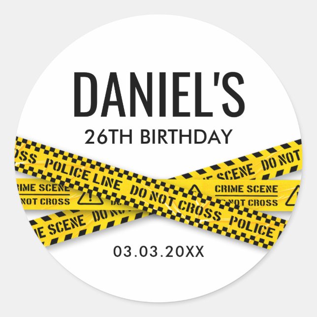 Adesivo Redondo Festa de aniversário da cena do crime com fita pol (Frente)