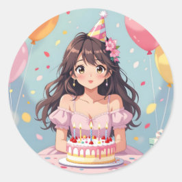 Adesivo Redondo Festa de aniversário da garota de anime bonita