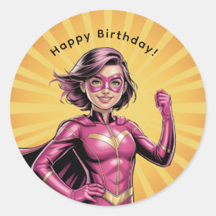 Adesivo Redondo Festa de Aniversário da Menina Super-Herói Rosa