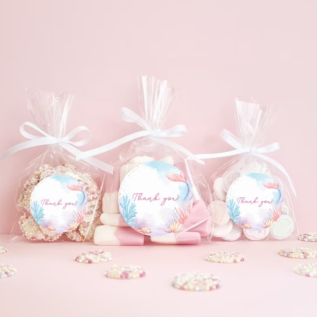 Adesivo Redondo Festa de aniversário da Sereia Obrigado (Criador carregado)