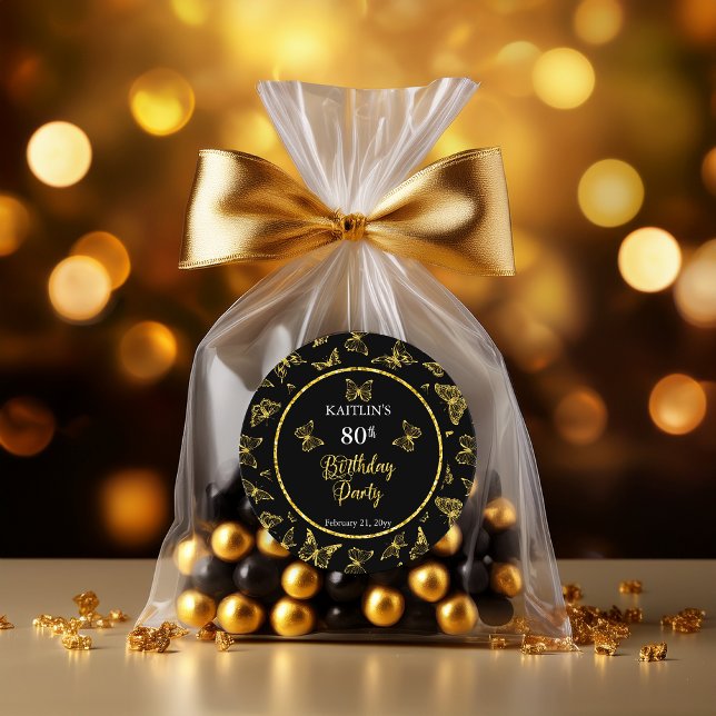 Adesivo Redondo Festa de aniversário das Borboletas Douradas Elega (Elegant Black and Faux Gold Glitter Butterflies 80th Birthday Party Classic Round Stickers)