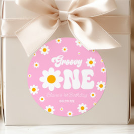 Adesivo Redondo Festa de Aniversário de 1 Ano Retro Daisy Flor Gro