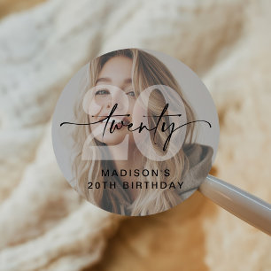 Adesivo Redondo Festa de aniversário de 20 de fotos minimalista