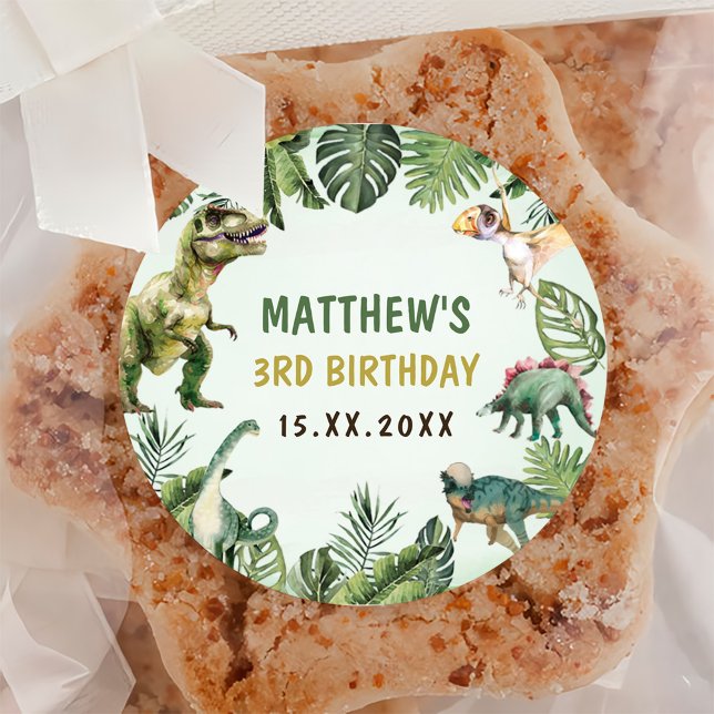 Adesivo Redondo Festa de aniversário de 3 anos de Menino Dinossaur (Criador carregado)