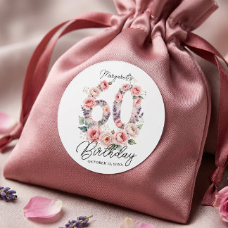 Adesivo Redondo Festa de Aniversário de 60 anos Floral Rosa Corada