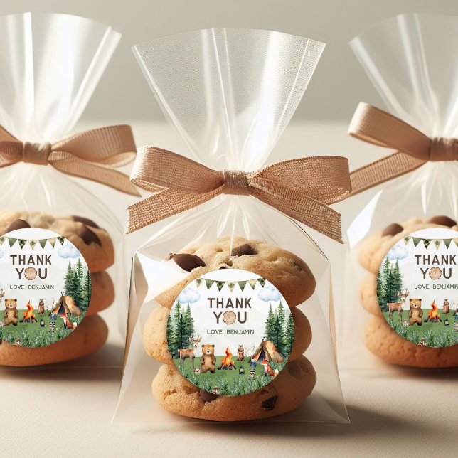 Adesivo Redondo Festa de aniversário de acampamento Obrigado (Camping Birthday Party Thank You Classic Round Sticker
)