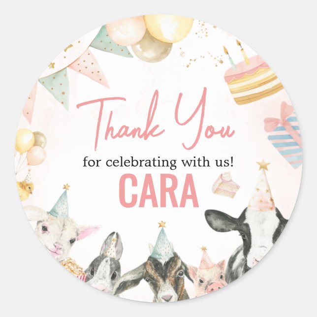 Adesivo Redondo Festa de aniversário de animais de fazenda (Frente)