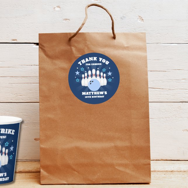 Adesivo Redondo Festa de aniversário de Boliche de menino Obrigado (Criador carregado)