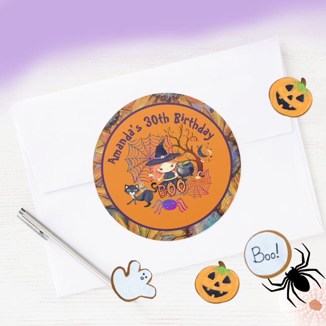 Adesivo Redondo Festa de aniversário de bruxas do Halloween Orange (Halloween Witch Birthday Party Orange Classic Round Sticker)