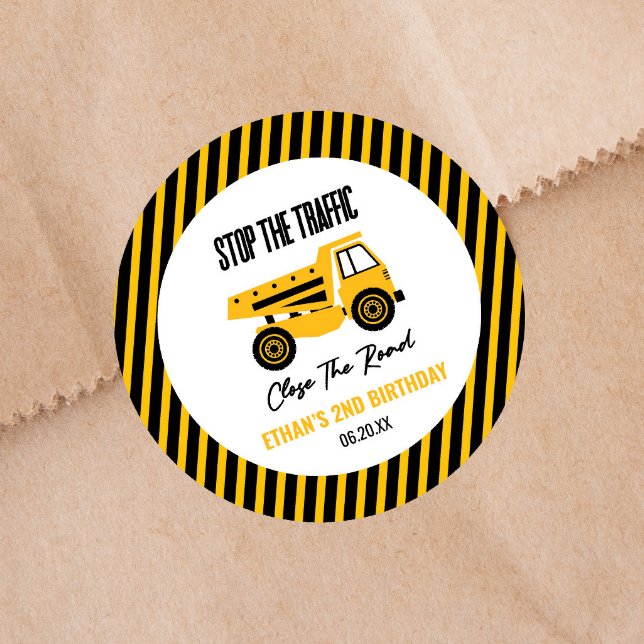 Adesivo Redondo Festa de aniversário de Bulldozer de Bomba de Cons (Criador carregado)