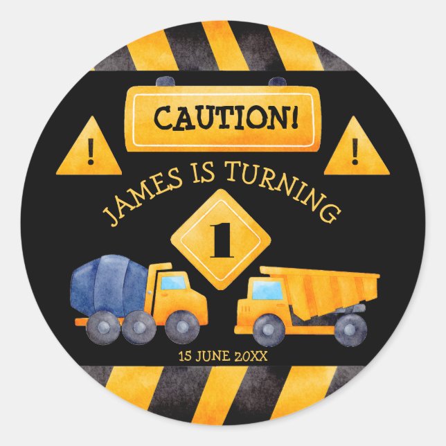 Adesivo Redondo Festa de aniversário de caminhões de construção (Frente)