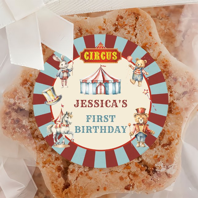 Adesivo Redondo Festa de aniversário de Carnaval de Animais do Cir (Criador carregado)