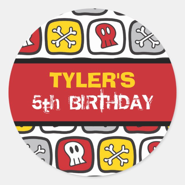 Adesivo Redondo Festa de aniversário de Cartoon Skulls & Bones Pir (Frente)