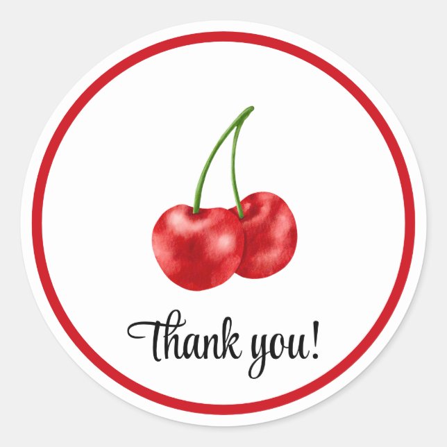 Adesivo Redondo Festa de aniversário De Cereja Obrigado. (Frente)