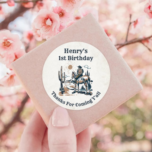 Adesivo Redondo Festa de aniversário de cowboy ocidental (Criador carregado)