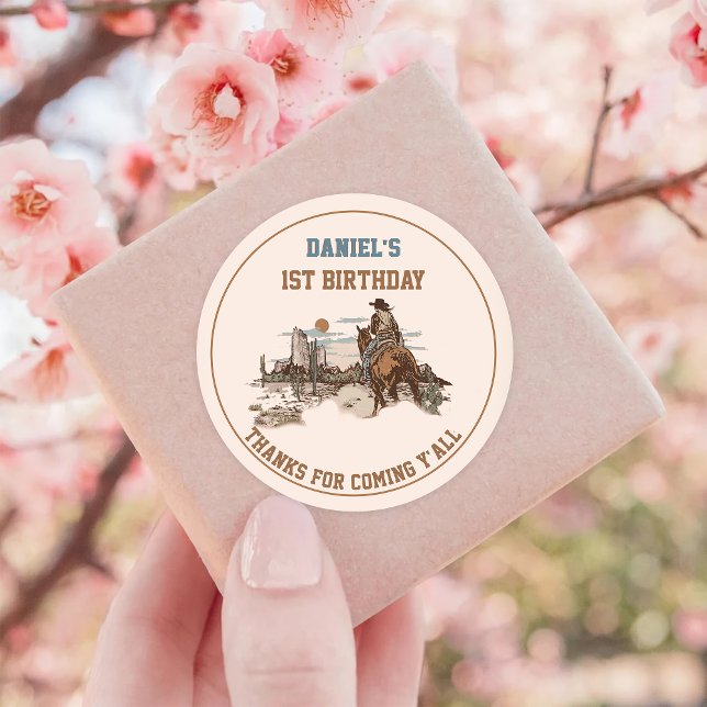 Adesivo Redondo Festa de aniversário de cowboy ocidental (Criador carregado)