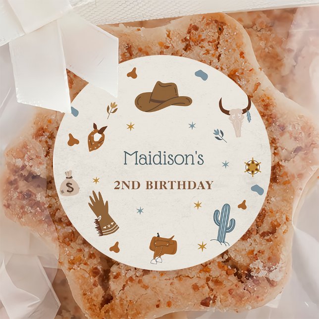 Adesivo Redondo Festa de aniversário de cowboy ocidental (Criador carregado)