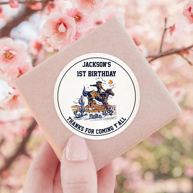 Adesivo Redondo Festa de aniversário de cowboy ocidental (Criador carregado)