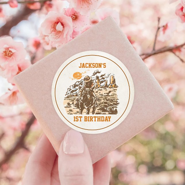 Adesivo Redondo Festa de aniversário de cowboy ocidental (Criador carregado)