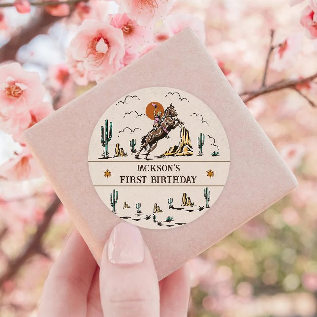 Adesivo Redondo Festa de aniversário de Cowgirl Ocidental (Criador carregado)