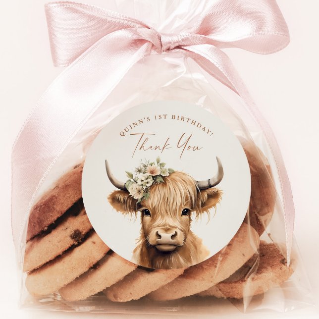 Adesivo Redondo Festa de Aniversário de criança de Vaca Boho Highl (Highland Cow Kids Birthday Party Favor or Envelope Tag Thank You Sticker.)