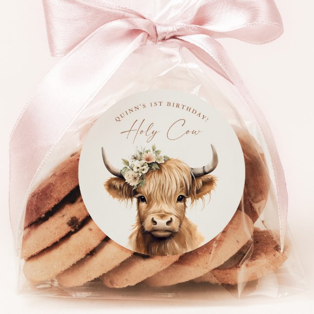 Adesivo Redondo Festa de Aniversário de criança de Vaca Boho Highl (Holy Cow Kids Birthday Party Favor or Envelope Tag Sticker.)
