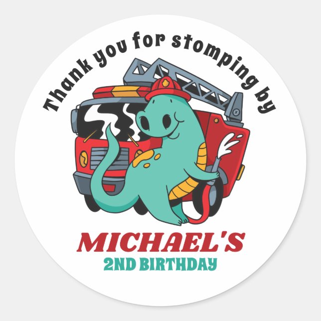 Adesivo Redondo Festa de Aniversário de criança do Bombeiro Dinoss (Frente)