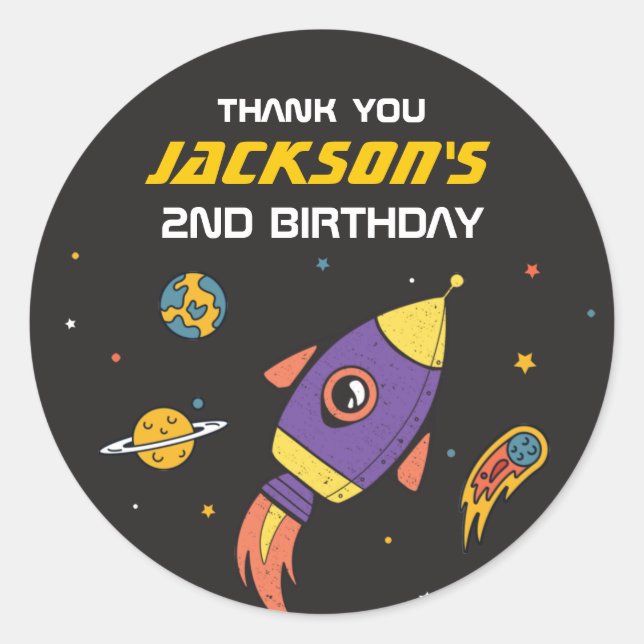 Adesivo Redondo Festa de Aniversário de criança do Foguete do Espa (Frente)