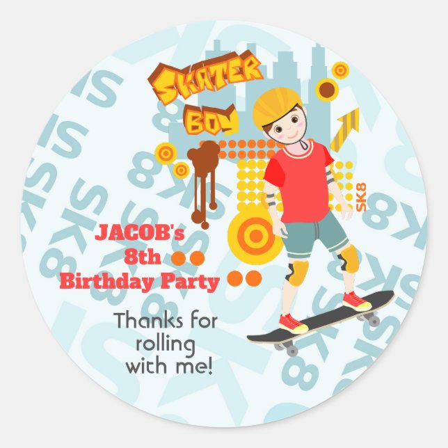 Adesivo Redondo Festa de aniversário de Diversão do Parque do skat (Frente)